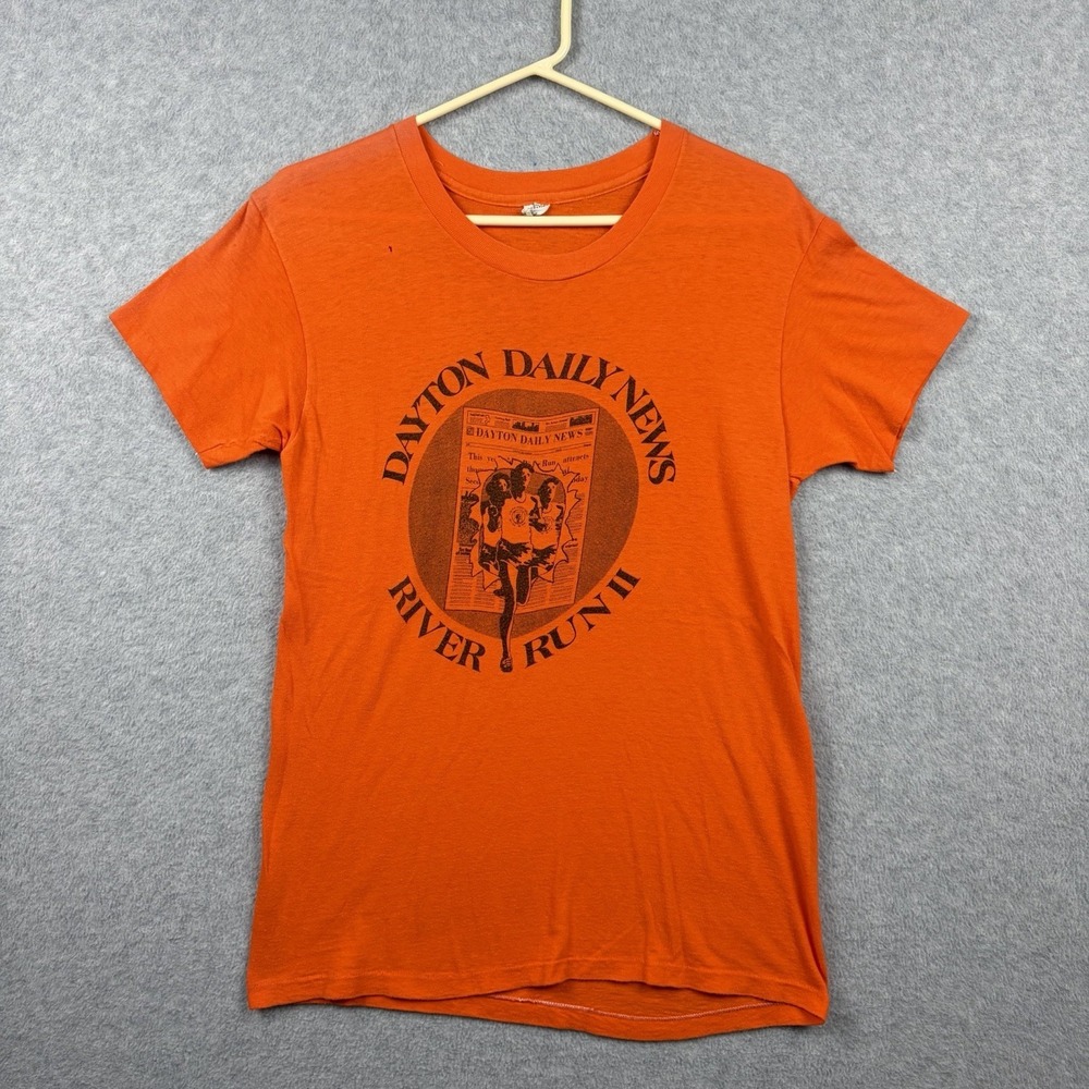Vintage 70s Running T Shirt Mens M (Fits Small) Orange Thin Single Stitch USA